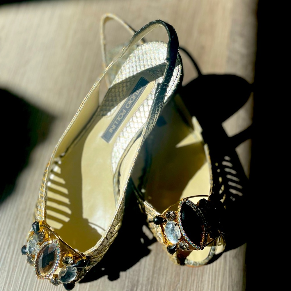 Metallic gold flat sling back